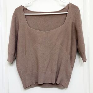 Khaki Ribbed Knit Crop Top Square Neck Short Sleeve Fitted Sweater XL